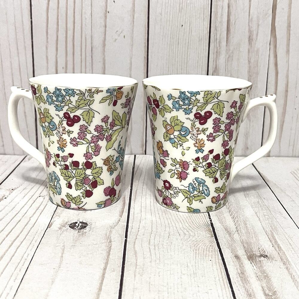 Grace's Teaware Two Pink Floral Scallop Rim with Gold Trim Tea Coffee Mugs Cups